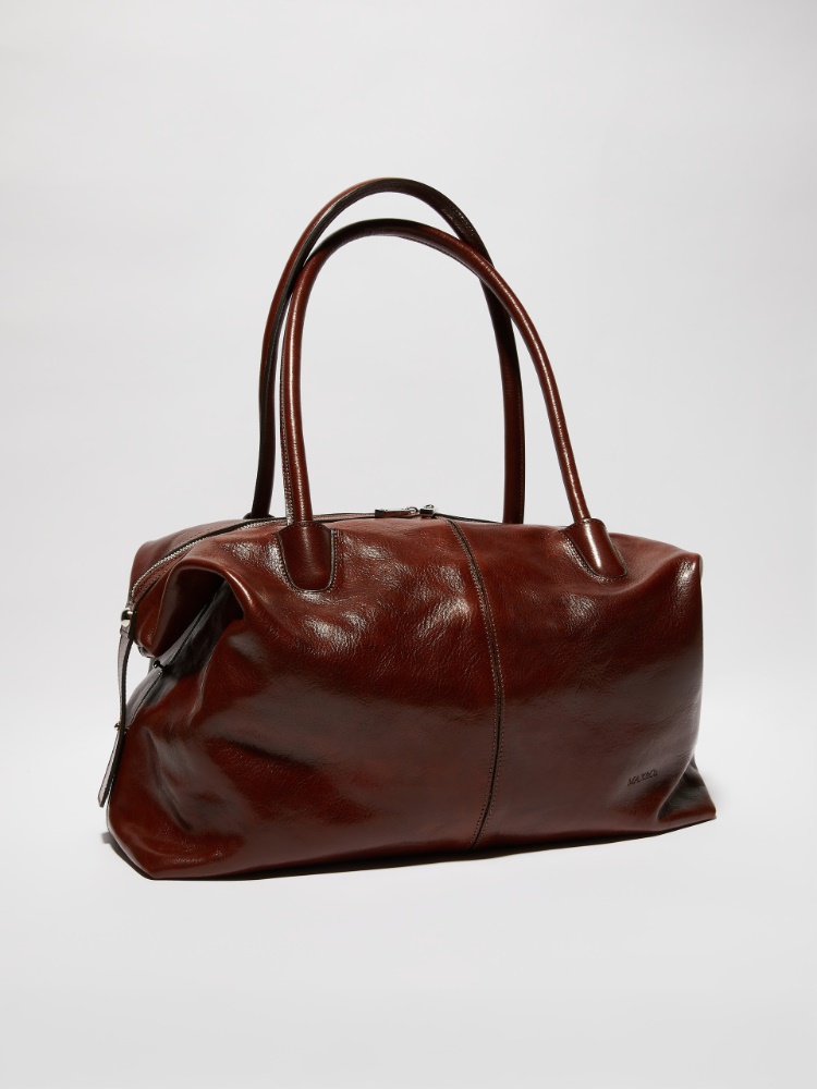Double-breasted satin coat, navy | MAX&Co. Shiny leather tote bag - BROWN - MAX&Co.